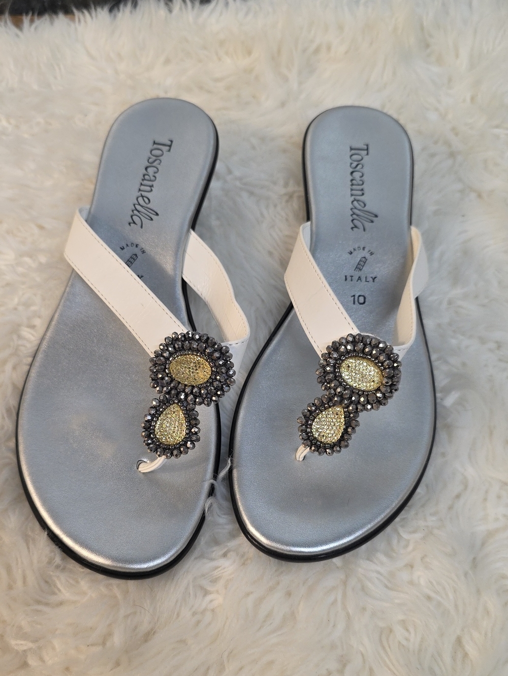 Toscanella White Jeweled Toe-Post Sandals with Silver Footbed